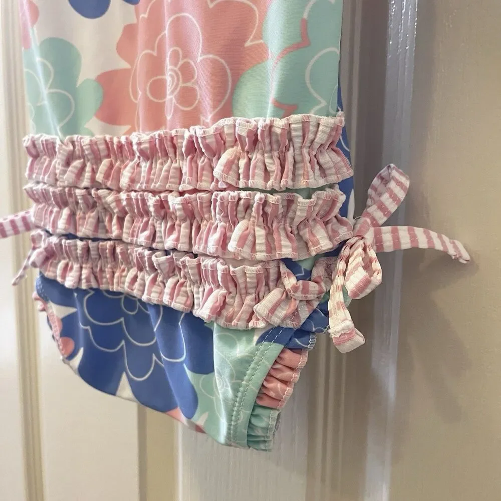 RuffleButts Pastel Petals Long Sleeve One-Piece Rashguard Swimsuit Girls 6-12 M